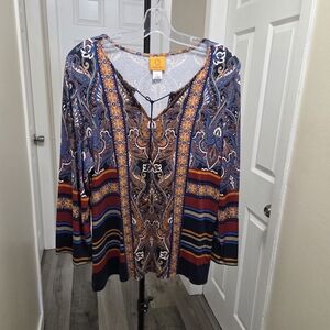 Ruby Rd. Rayon Blend Multicolor Paisley & Stripe Top